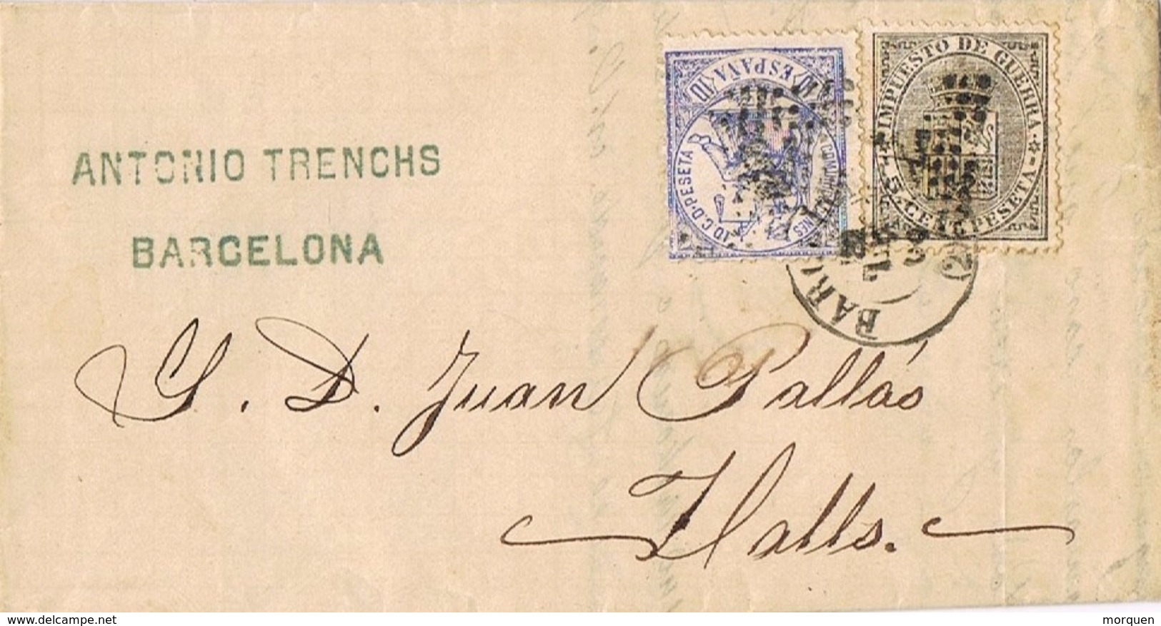 24603. Carta Entera BARCELONA A Valls 1874. Alegoria Justicia Y Recargo Impuesto Guerra - Storia Postale
