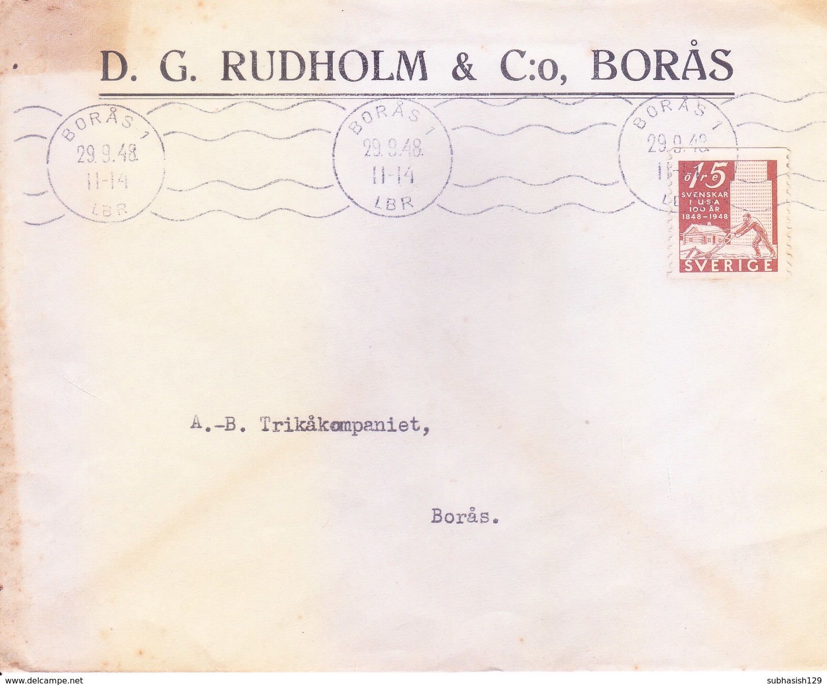 SWEDEN 1948 COMMERCIAL COVER - D. G. RUDHOLM & CO., BORAS - Lettres & Documents