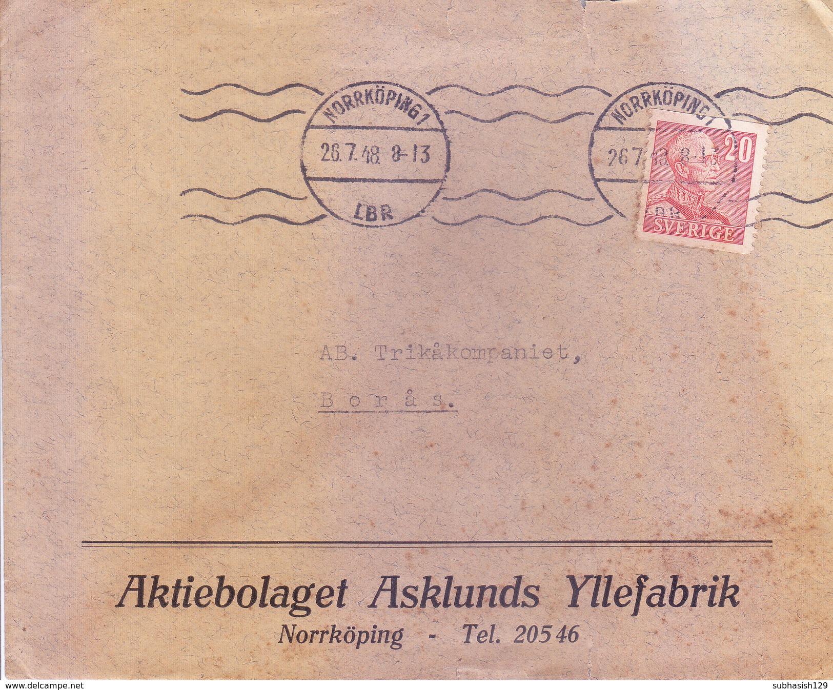 SWEDEN 1948 COMMERCIAL COVER - POSTED FROM AKTIEBOLAGET ASKLUNDS YLLEFABRIK, NORRKOPING FOR BORAS - Lettres & Documents