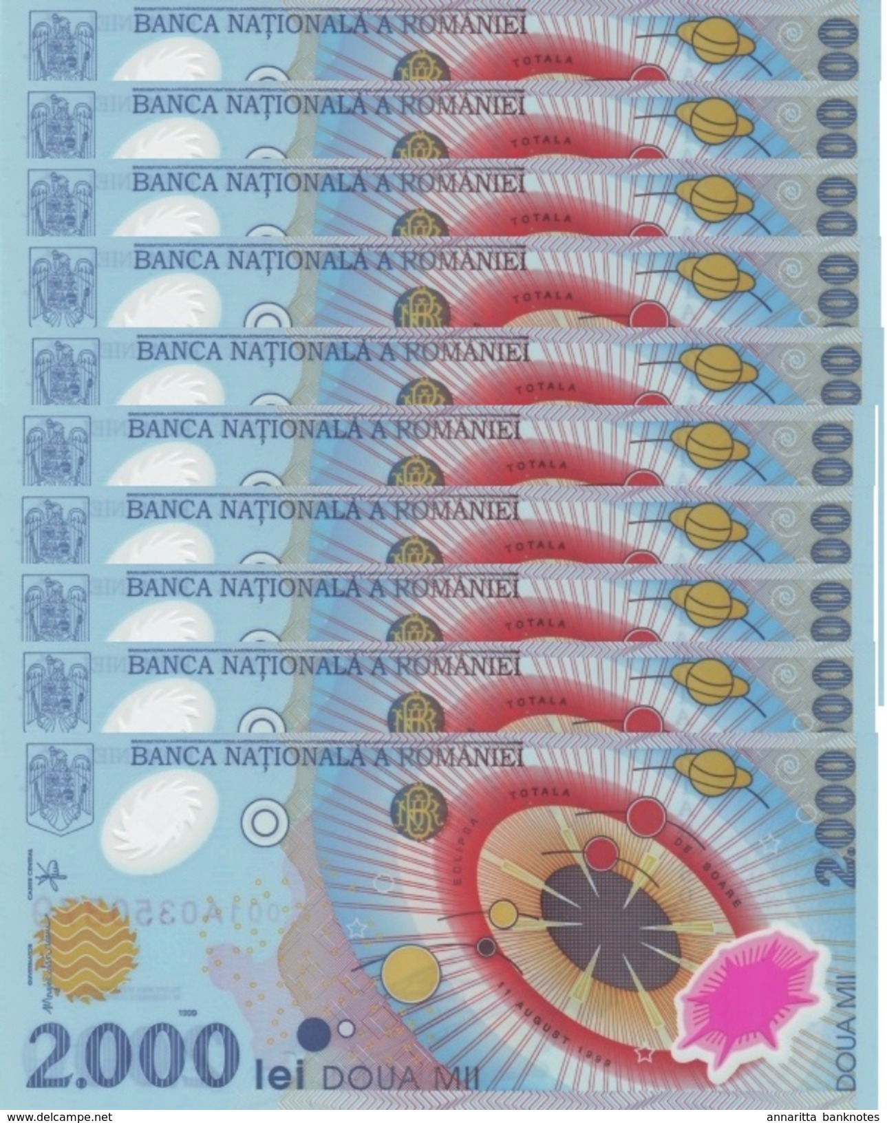 RUMÄNIEN 2000 LEI 1999 P-111b I (BFR) S/N PRÄFIX 001A (OHNE FOLDER) 10 PCS [RO111b] - Romania