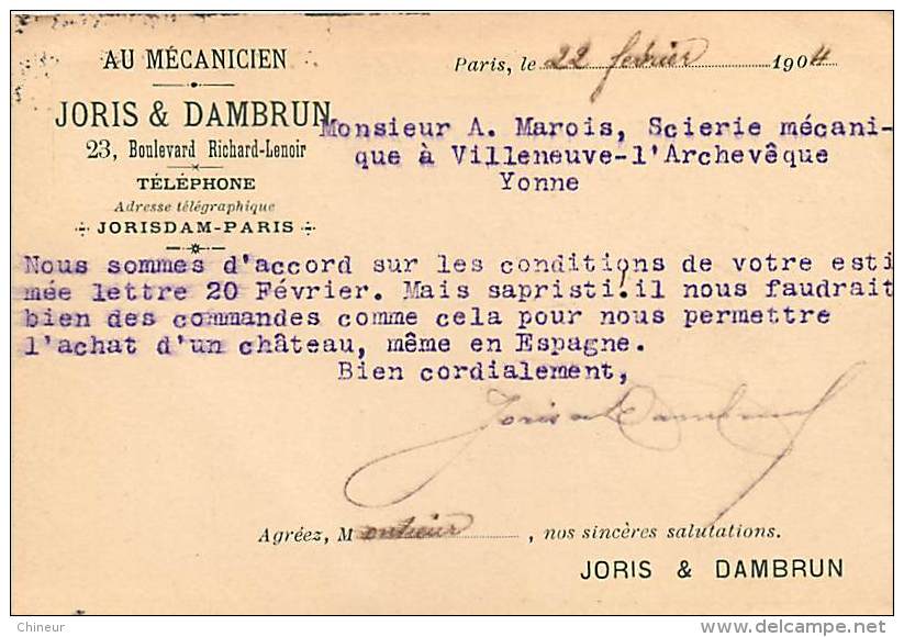 MECANICIEN JORIS ET DAMBRUN 23 BLD RICHARD LENOIR PARIS POUR MR MAROI SCIERIE A VILLENEUVE L'ARCHEVEQUE - Sonstige & Ohne Zuordnung