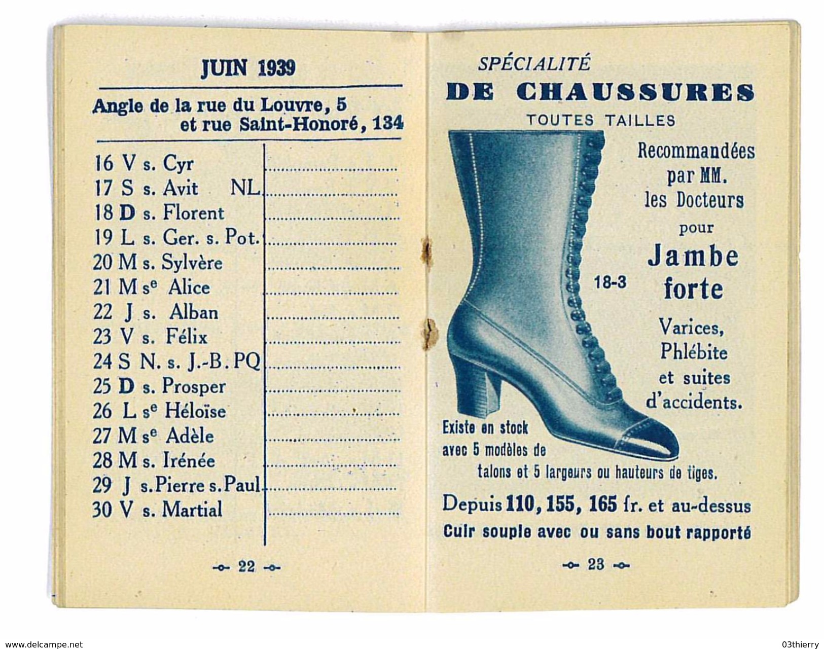 PETIT CALENDRIER 1939 PUB MAGASIN AUX PIEDS SENSIBLES DARRE BOTTIER PARIS - Petit Format : 1921-40