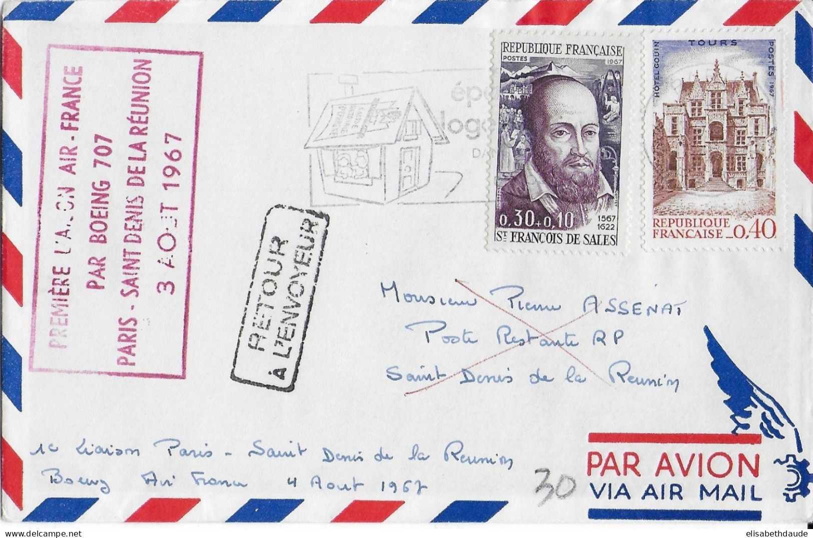 REUNION - 1967 - 1° VOL Par BOEING 707 - LIGNE PARIS => SAINT DENIS - Covers & Documents