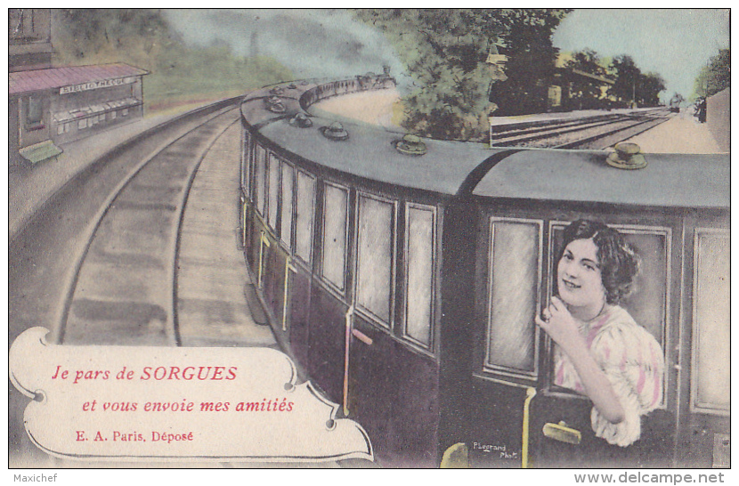 Carte Fantaisie Illustrée - Jeune Femme En Train "Je Pars De Sorgues Et Vous Envoie Mes Amitiés" Circ 1908, Cachet Ambul - Sorgues