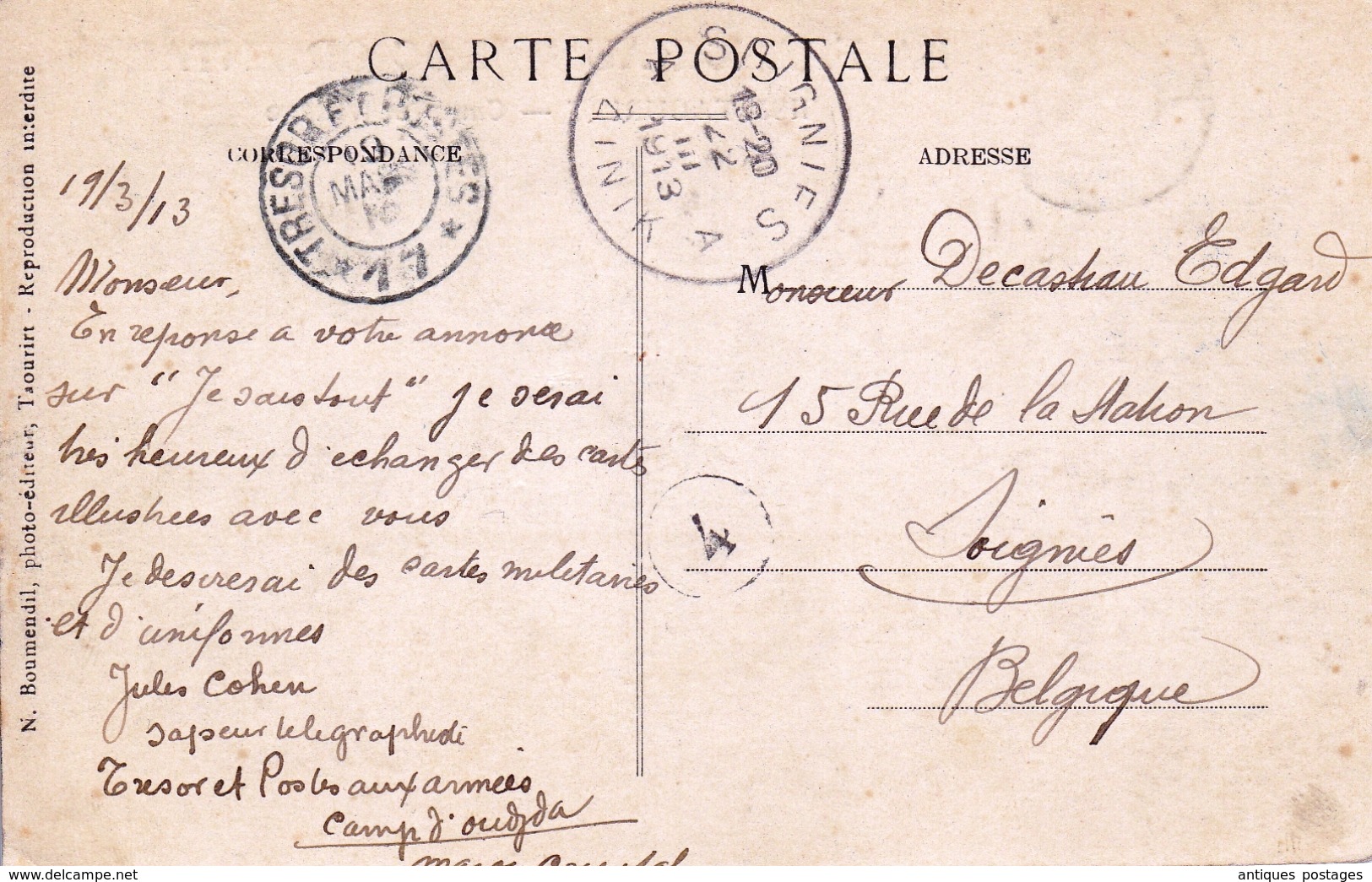 Carte Postale Maroc Camp D'OUJDA 1913 Cachet Militaire Jules Cohen Sapeur Télégraphiste - Lettres & Documents