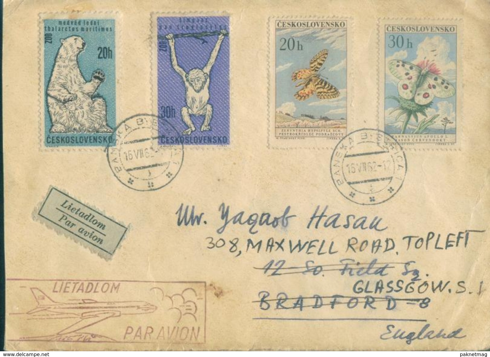 D168- Registered Cover From Czechoslovakia To England. UK. Butterfly. Monky. Rare Cover. - Other & Unclassified