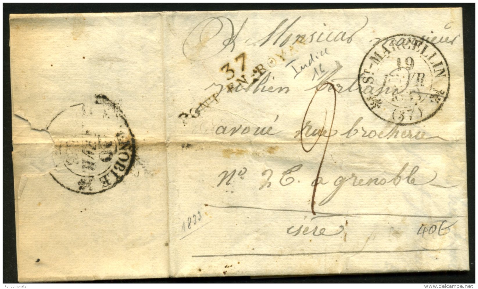 ISERE : Pli De St MARTIN De 1833 En Port Du Avec Marque P.37.P. PONT-EN-ROYAN + CàD St MARCELIN Pour GRENOBLE - 1801-1848: Précurseurs XIX