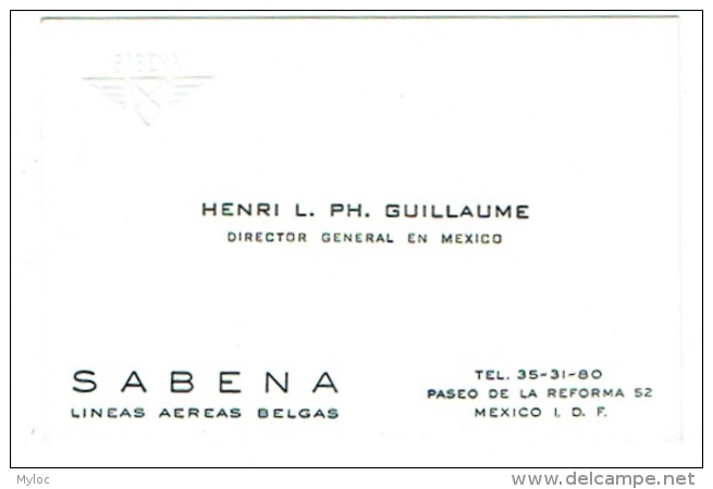 Carte De Visite. SABENA. Lineas Aereas Belgas. Mexico. - Tarjetas De Visita