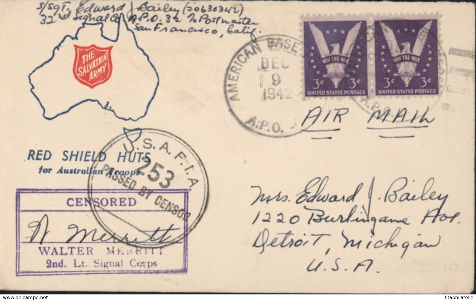 World War 2 APO 32 American Base Force Logan Village Carte Australie Red Shield Huts For Australian Troop Censor USAFIA - Poststempel