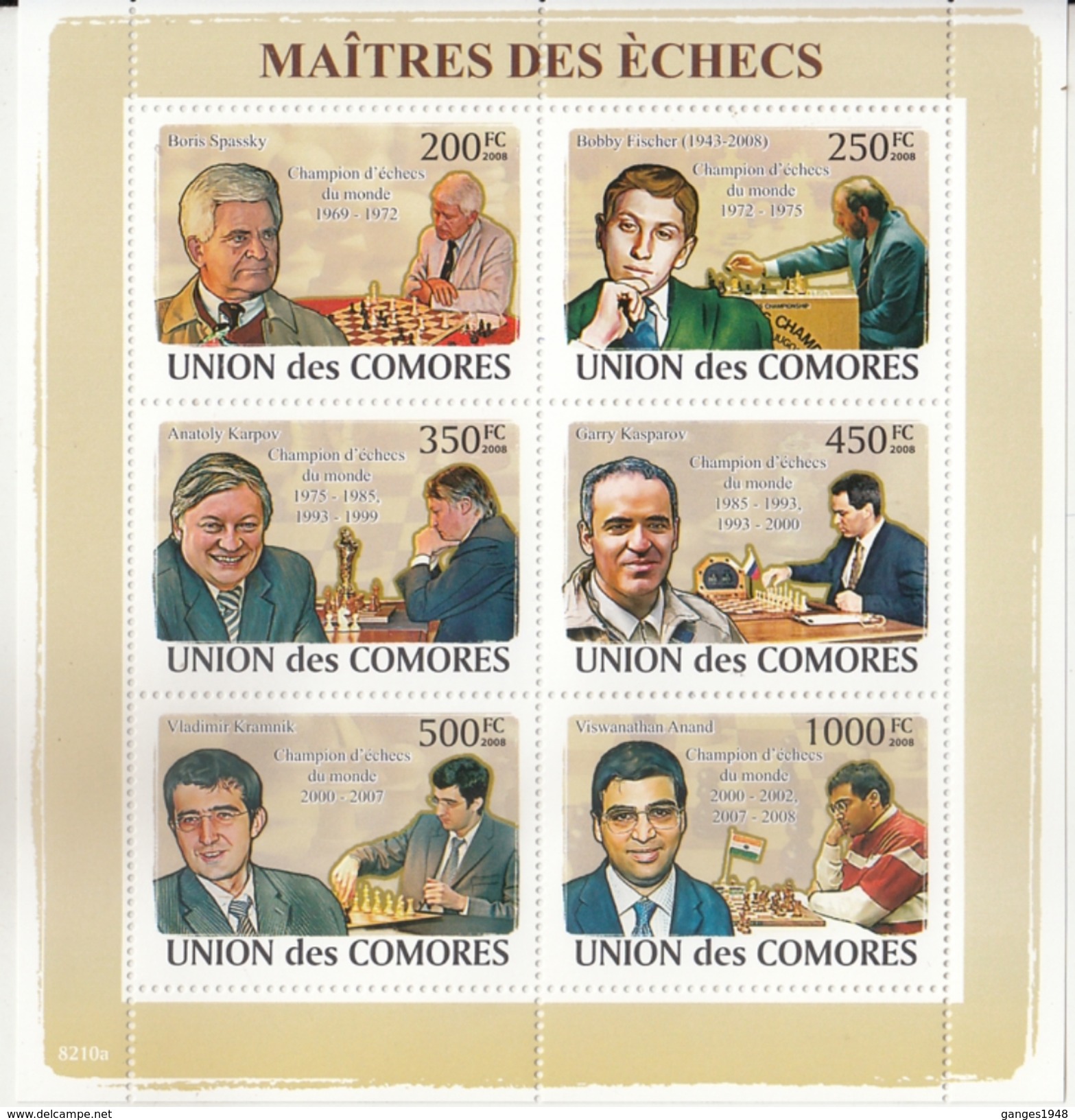 Comores  2008  Famous Chess Champions  Viswanathan Anand Of India And Other Players  6v  MNH S/S  # 93359 - Chess