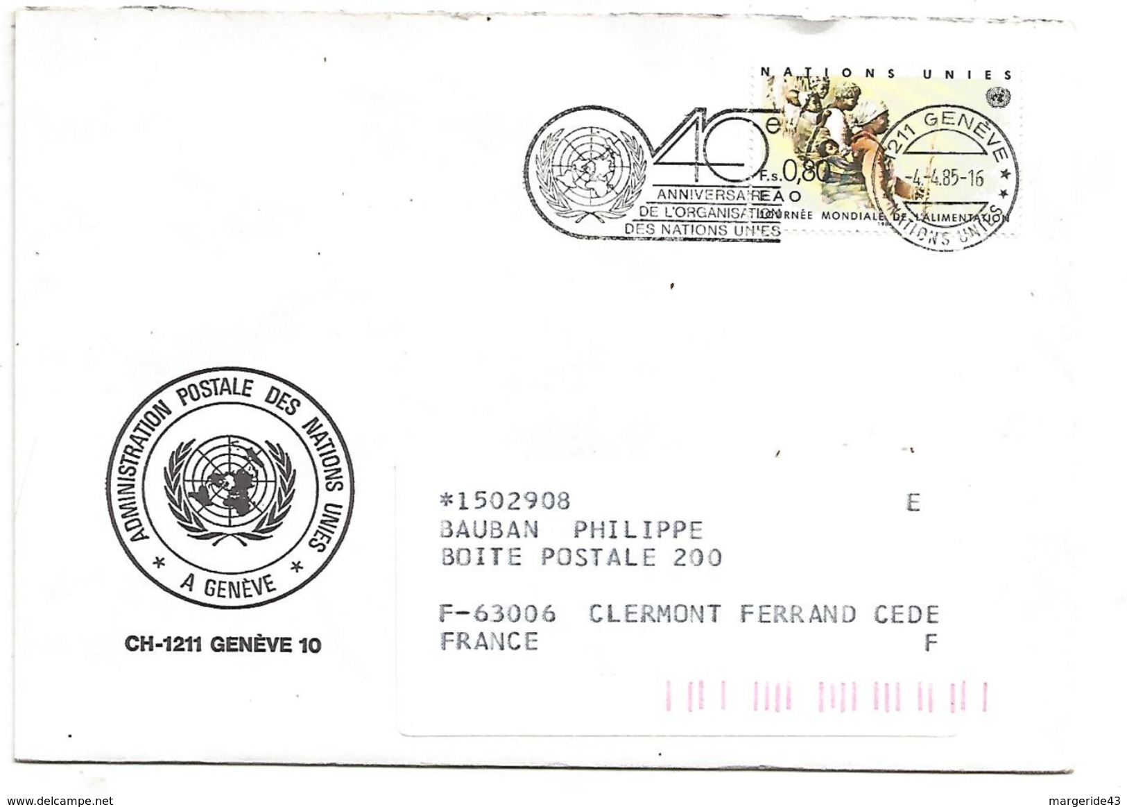 ONU GENEVE LETTRE POUR LA FRANCE 1985 - Lettres & Documents