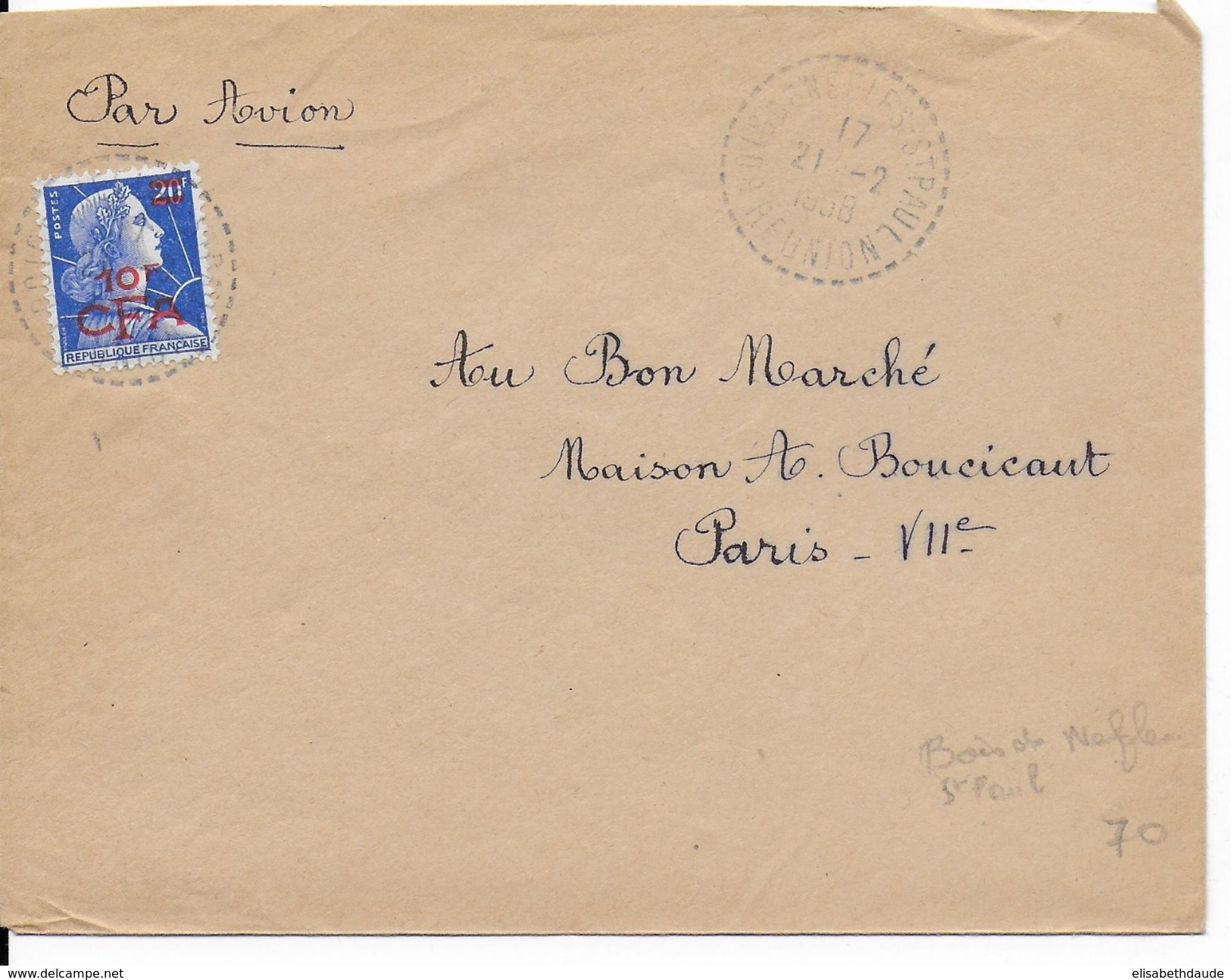 REUNION - 1958 - PETIT BUREAU DE DISTRIBUTION - LETTRE De BOIS DE NEFLES - ST PAUL => PARIS - Covers & Documents