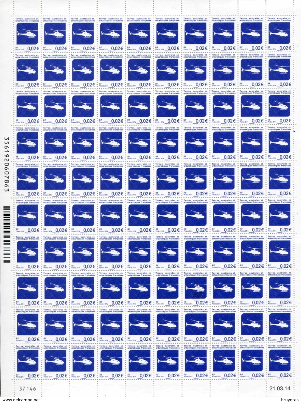 Feuille De 100 Timbres** Gommés De 2014  "0,02 &euro; Hélicoptère" Avec CD 21 . 03 . 14 - Nuovi