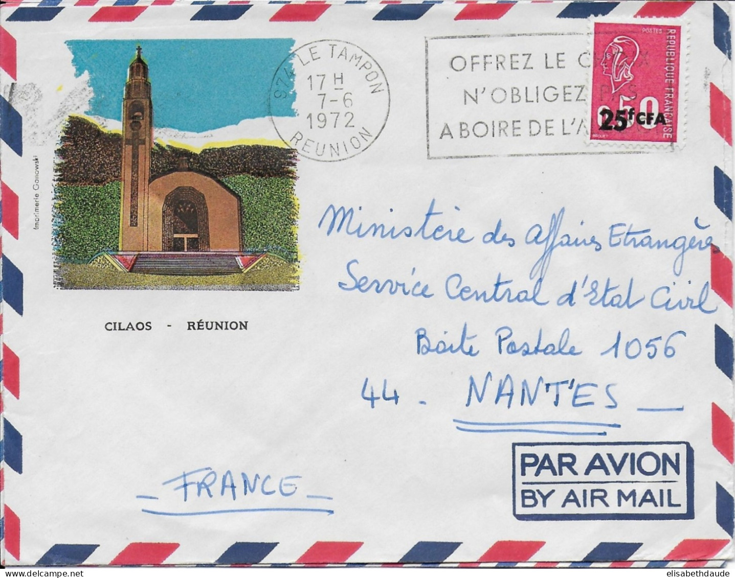 REUNION - 1972 - OBLITERATION MECANIQUE - ENVELOPPE Par AVION De LE TAMPON => NANTES - ALCOOL - Covers & Documents