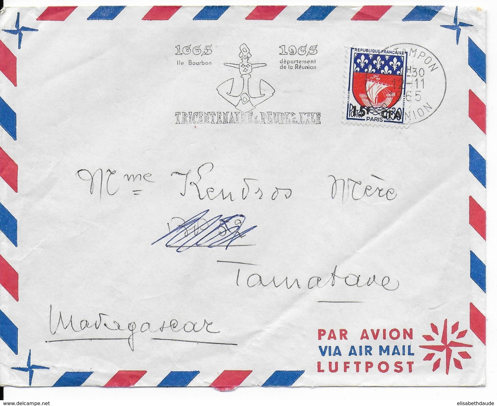 REUNION - 1965 - OBLITERATION MECANIQUE - ENVELOPPE Par AVION De LE TAMPON => TAMATAVE (MADAGASCAR) - TRICENTENAIRE - Storia Postale