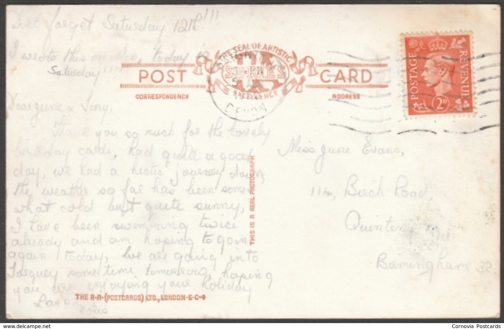 Cliff Gardens, Goodrington, Paignton, Devon, 1950 - RA Series RP Postcard - Paignton