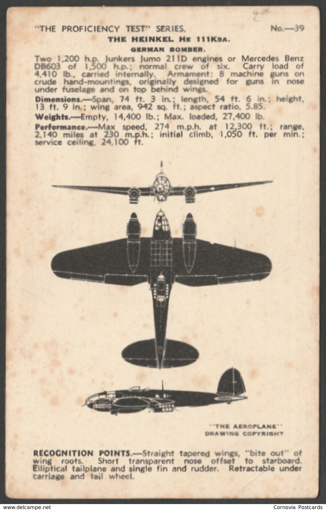 Heinkel HE 111K5A - Valentine's Aircraft Recognition Card #39, C.1940 - 1939-1945: 2nd War