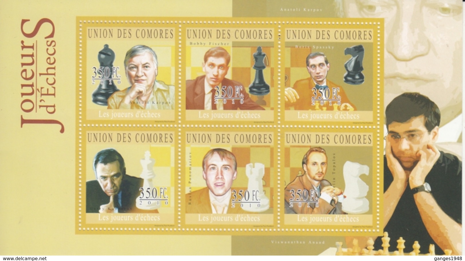 Comores  2010  Famous Chess Champions  Viswanathan Anand Of India And Other Players  6v  MNH  S/S  # 93362 - Chess