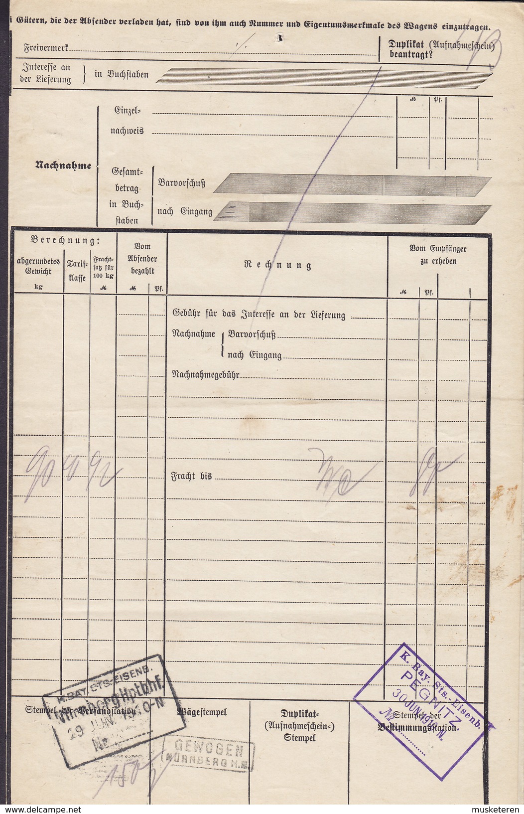 Koenigl. Bayer Staatseisenbahnen Frachtbrief METZGER & BÖHM Spiritus NÜRNBERG Hptbhf. 1910 PEGNITZ (2 Scans) - Historische Dokumente