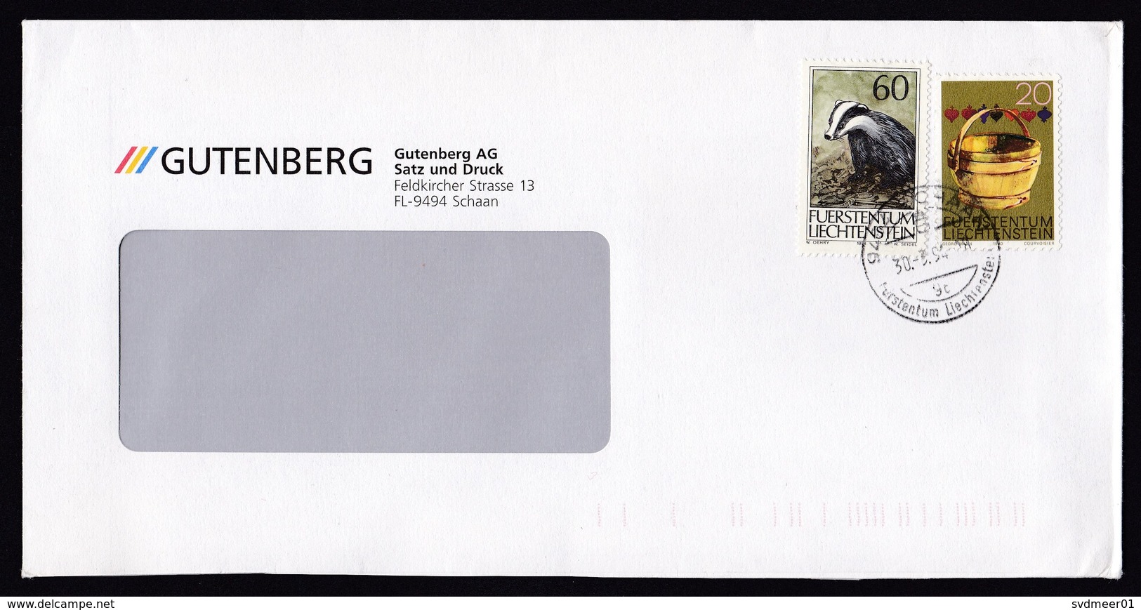 Liechtenstein: Cover, 1994, 2 Stamps, Badger, Animal, Basket, Sent By Gutenberg Printing (traces Of Use) - Brieven En Documenten