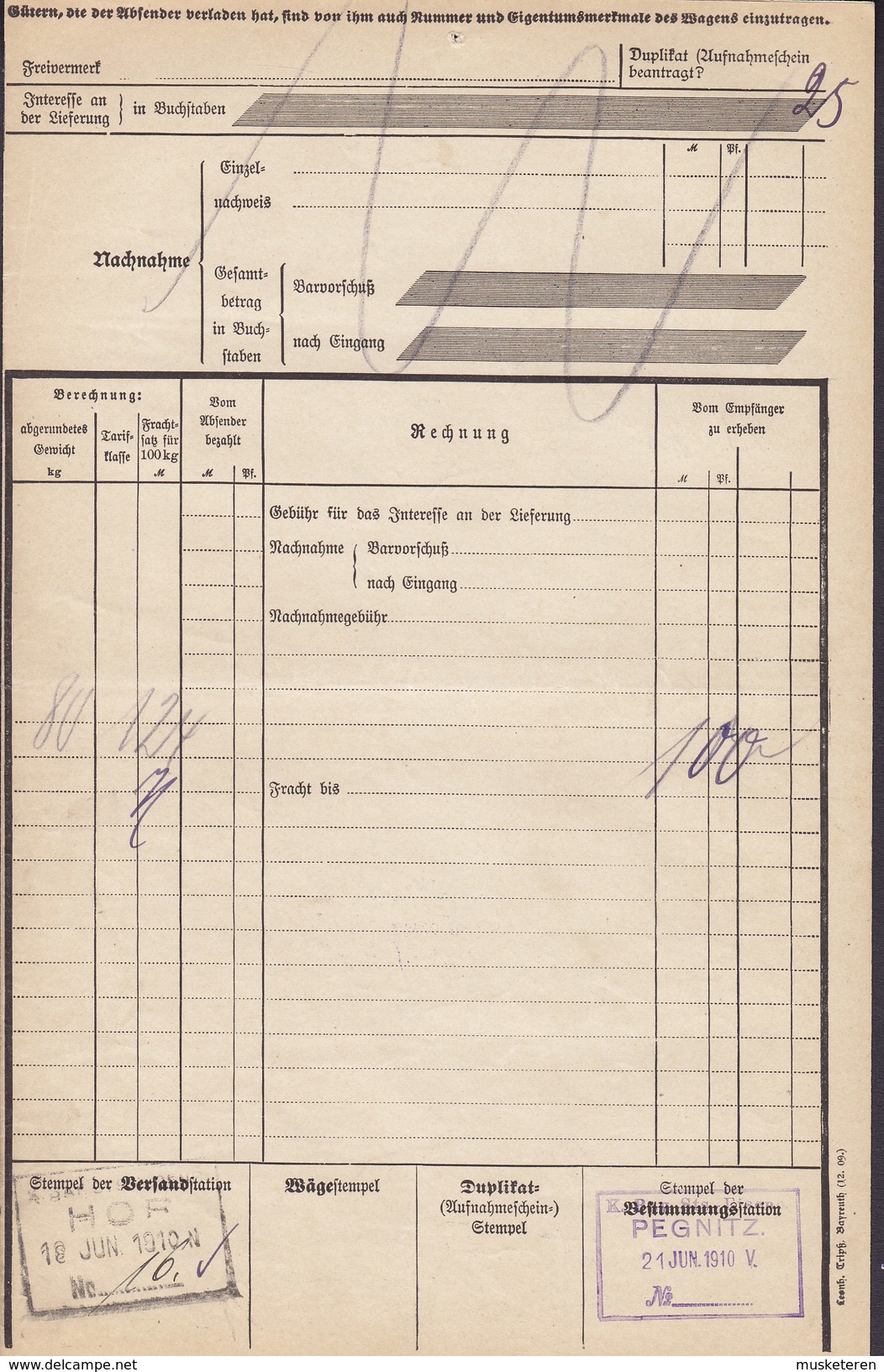 Koenigl. Bayer Staatseisenbahnen Frachtbrief ERNST MARSTALLER Zuckerwaren HOF 1910 PEGNITZ (2 Scans) - Historische Dokumente