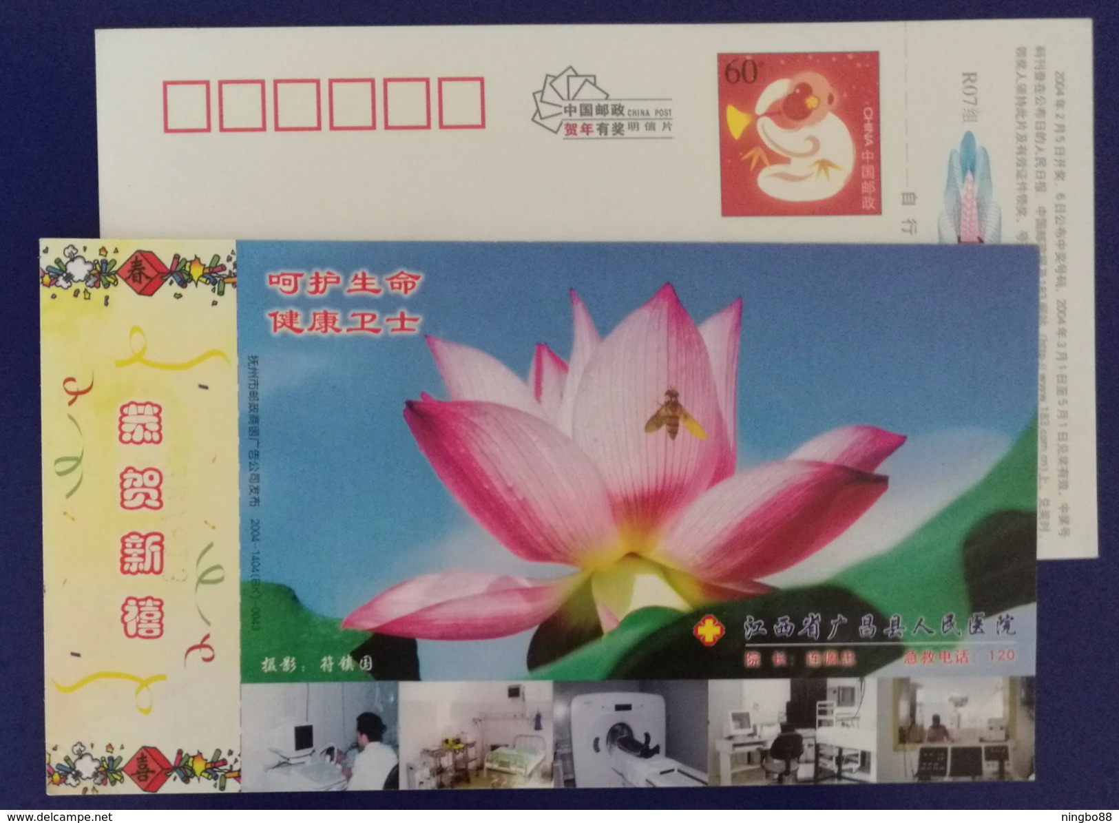 Lotus Flower,bee,honeybee,MRI Magnetic Resonance Imaging,China 2004 Guangchang People Hospital Advert Pre-stamped Card - Other & Unclassified