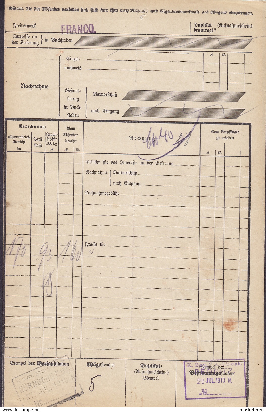 Koenigl. Bayer Staatseisenbahnen Frachtbrief KEGLER & HÖFLER NÜRNBERG NORDOSTBAHNHOF 1910 PEGNITZ (2 Scans) - Historische Dokumente