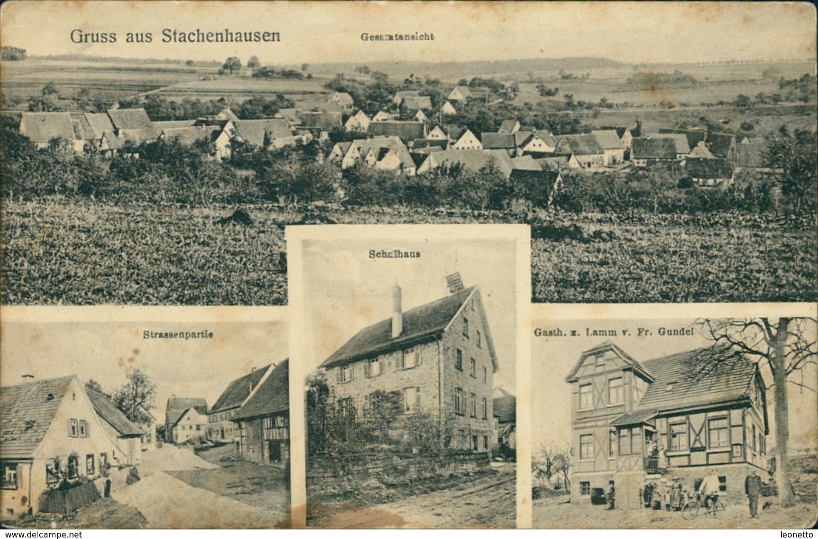 AK Ingelfingen Stachenhausen, Gesamtansicht, Strassenpartie, Schulhaus Gasth. Z. Lamm, Um 1910, Stark Fleckig !! (18538) - Andere & Zonder Classificatie