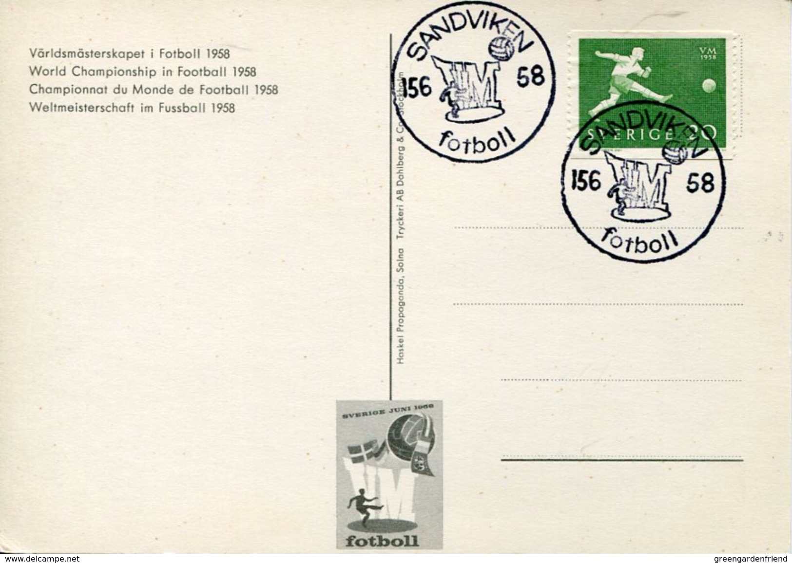 22401 Sweden,special Card And Postmark,sandviken,15.6.1958 World Football Champ 1958 - 1958 – Schweden