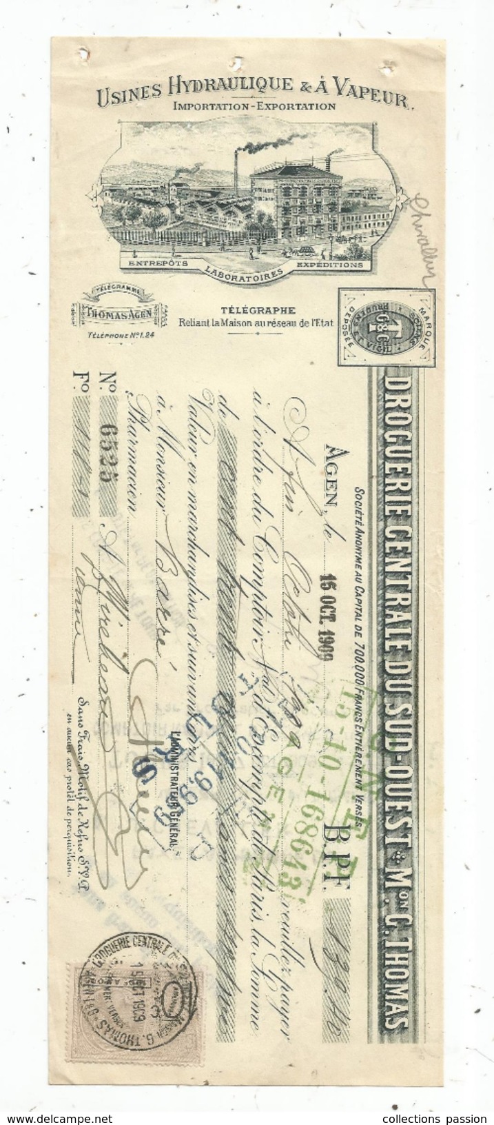 MANDAT, 1909 , Usines Hydraulique & à Vapeur , AGEN , Timbrée , 2 Scans , Frais Fr : 1.55 Euros - 1900 – 1949