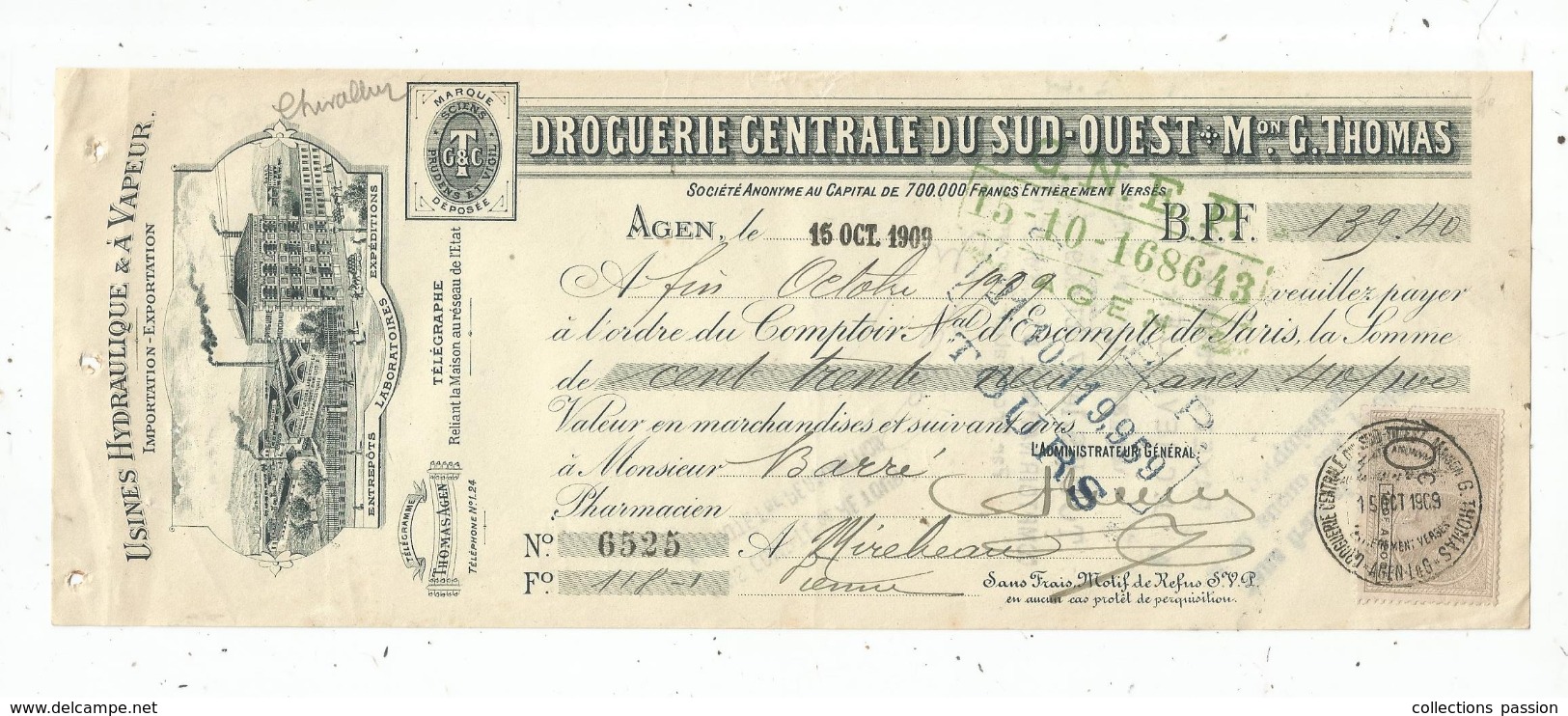 MANDAT, 1909 , Usines Hydraulique & à Vapeur , AGEN , Timbrée , 2 Scans , Frais Fr : 1.55 Euros - 1900 – 1949