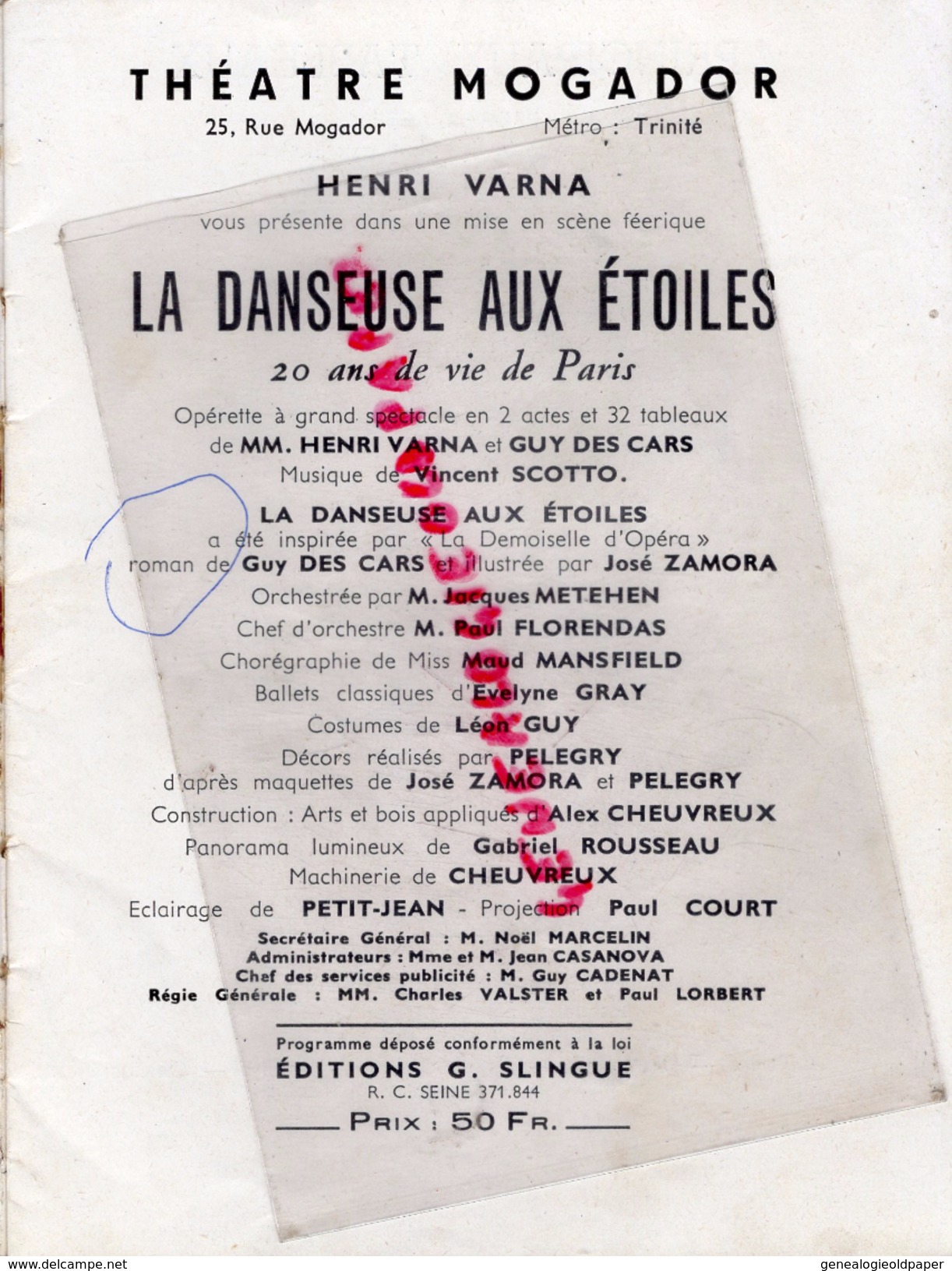 75- PARIS -PROGRAMME THEATRE MOGADOR - LA DANSEUSE AUX ETOILES- HENRI VARNA-VINCENT SCOTTO-MARTA LABARR- CHESNEL-GILBERT - Programmi