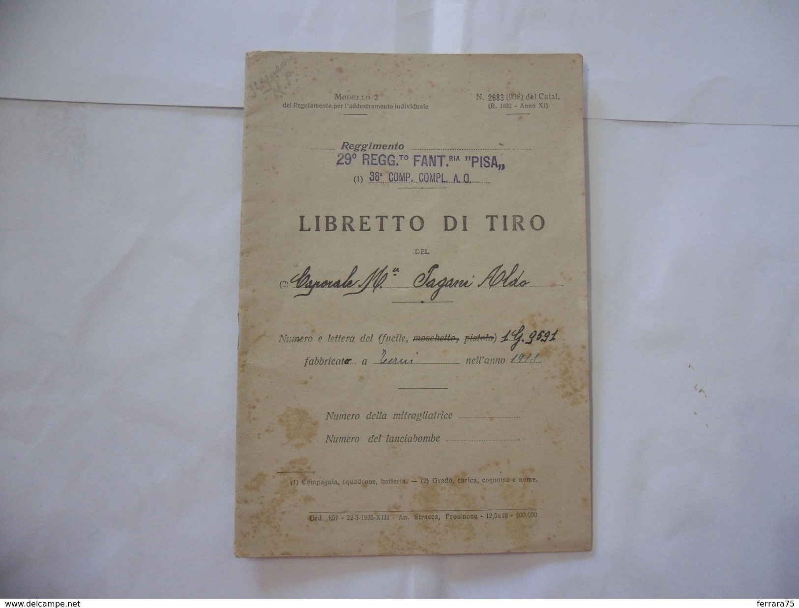 WW2 LIBRETTO DI TIRO 29°REGGIMENTO FANTERIA PISA FRONTE DEL PIAVE A.O. 1936. - Italian