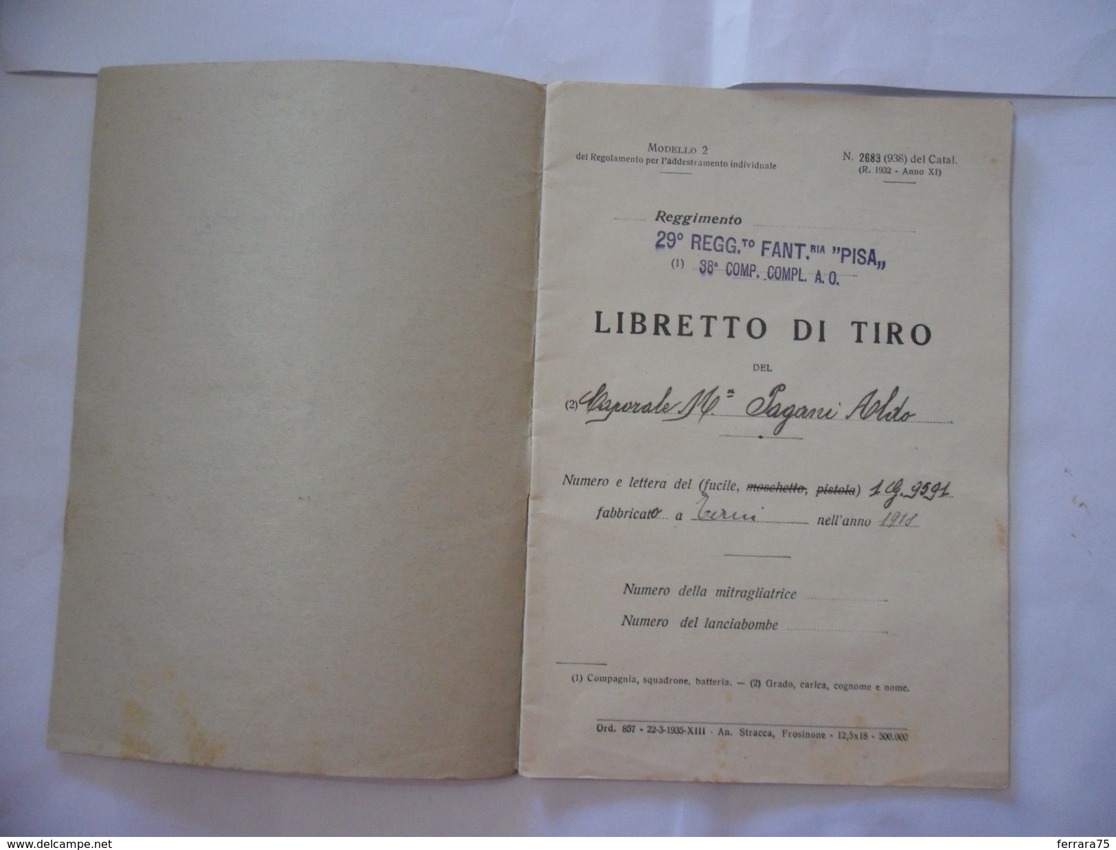 WW2 LIBRETTO DI TIRO 29°REGGIMENTO FANTERIA PISA FRONTE DEL PIAVE A.O. 1936. - Italiano