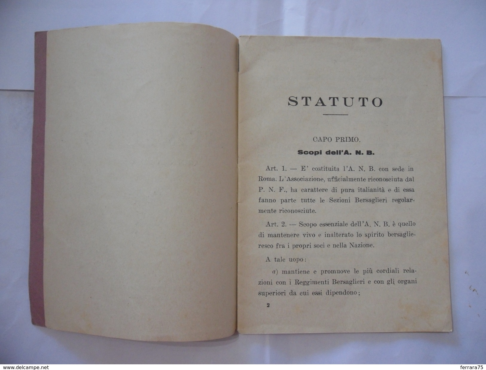 WW2 LIBRETTO STATUTO ASSOCIAZIONE NAZIONALE BERSAGLIERI 1933. - Italiaans
