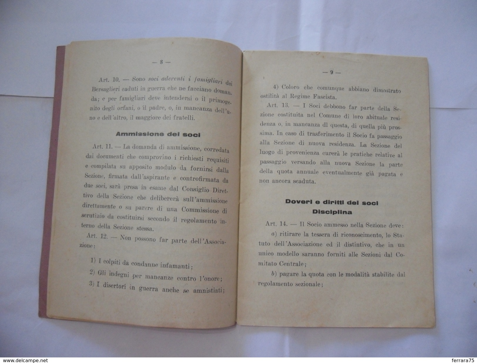 WW2 LIBRETTO STATUTO ASSOCIAZIONE NAZIONALE BERSAGLIERI 1933. - Italian