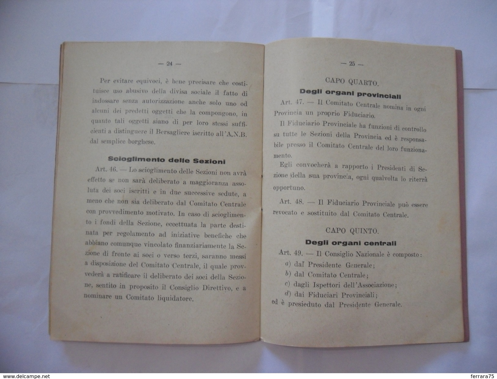 WW2 LIBRETTO STATUTO ASSOCIAZIONE NAZIONALE BERSAGLIERI 1933. - Italiano