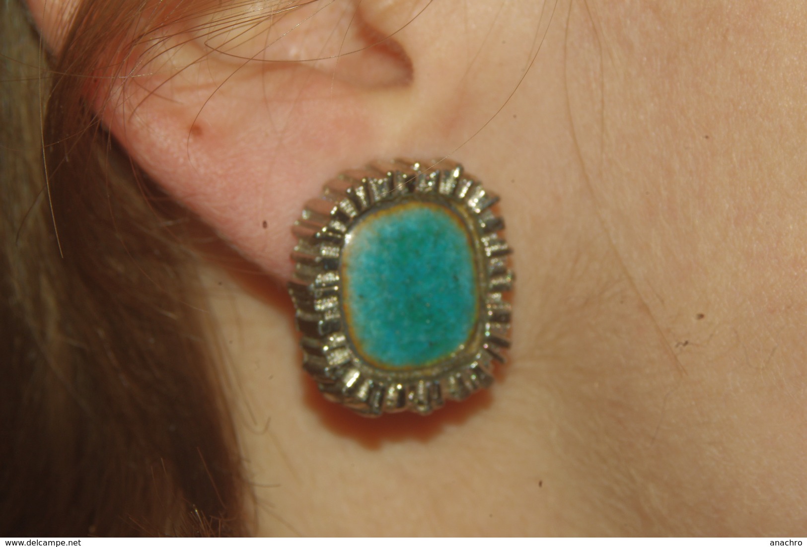 BOUCLES D' OREILLES VINTAGE Métal EMAIL TURQUOISE - Aretes