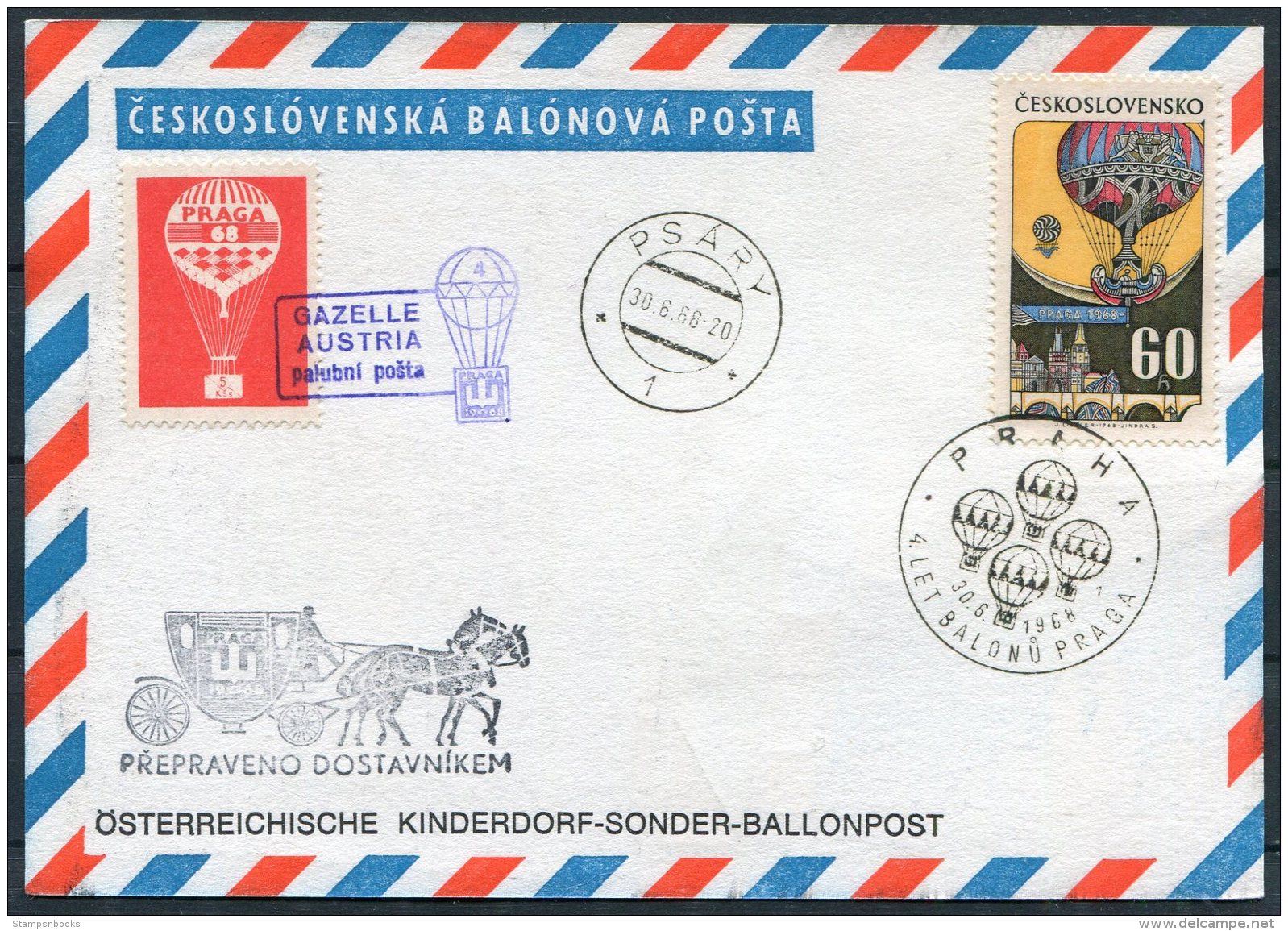 1968 Czech Balonova Postcard Praha. Austria Kinderdorf Sonder Ballonpost. Praga Gazelle Psary - Airmail