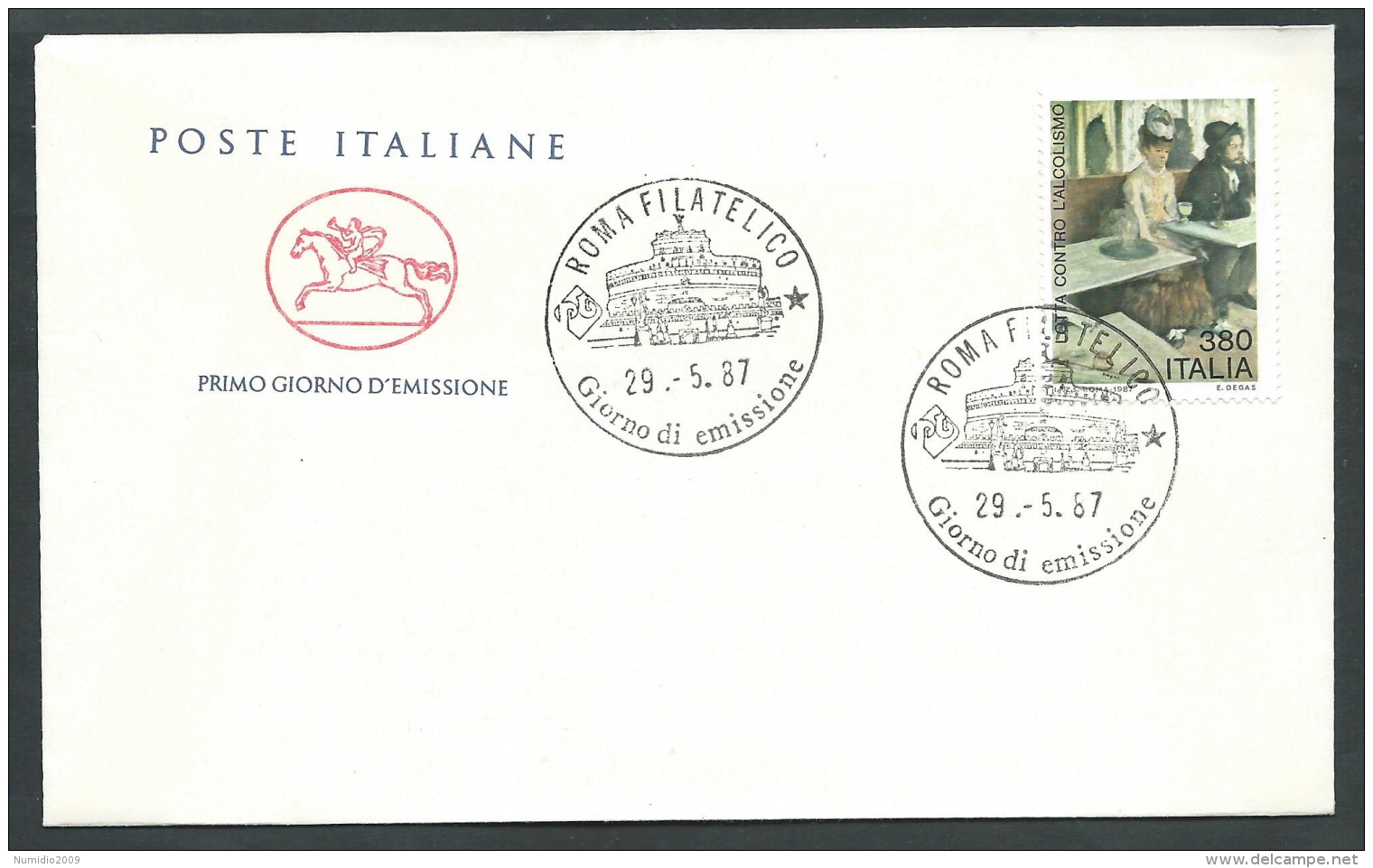 1987 ITALIA FDC CAVALLINO ALCOLISMO NO TIMBRO ARRIVO - CV1987 - FDC