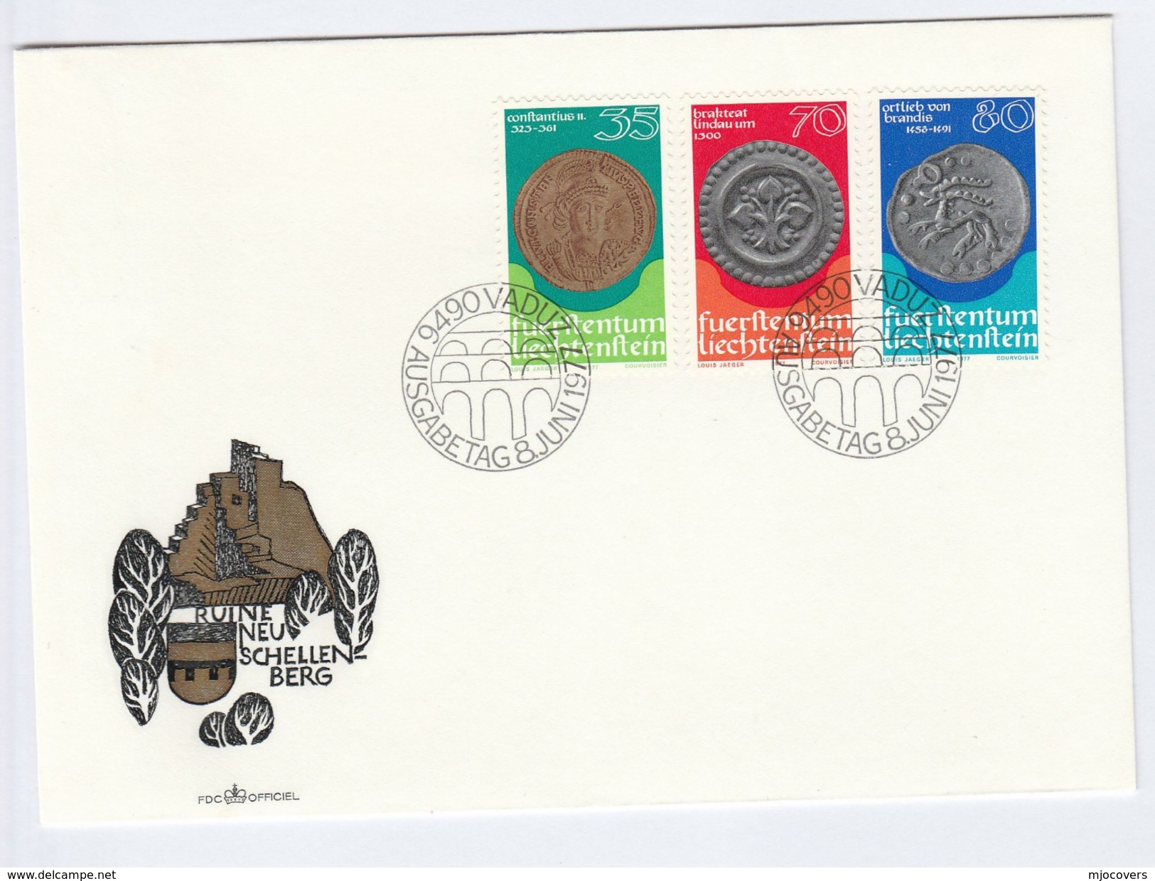 1977  LIECHTENSTEIN  FDC Stamps HISTORIC COINS Cover Emperor Constantine Royalty Coin - Monete