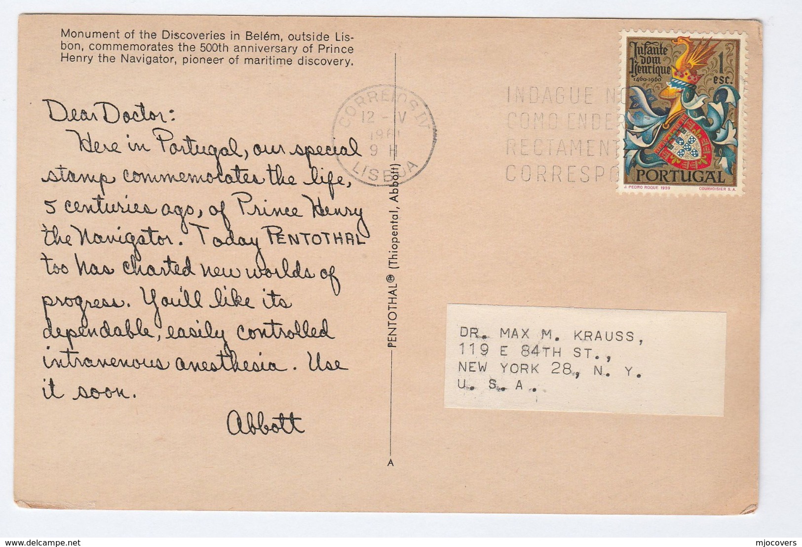 1961 PORTUGAL  COVER Stamps 1e INFANTE DOM HENRIQUE  (postcard Monument Henry The Navigator)  To USA - Storia Postale