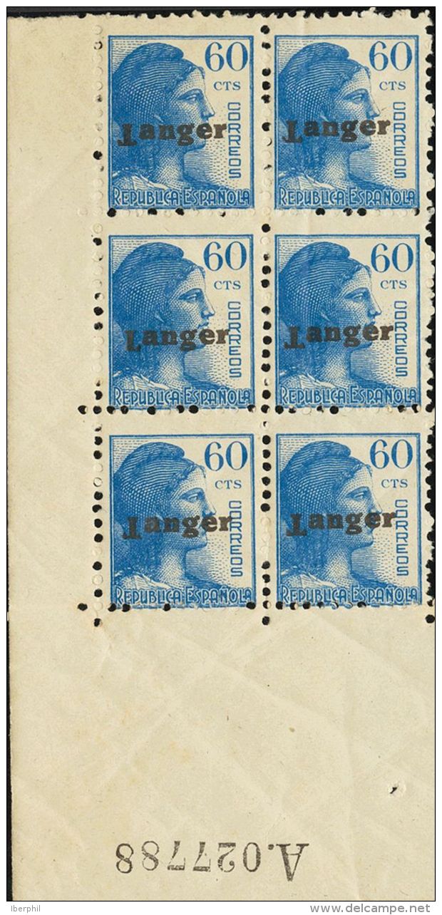 ** 123hea(5), 123heb 1939. T&aacute;nger. 60 Cts Azul, Bloque De Seis. Variedad "T" DE TANGER INVERTIDA Y Un Sello "L" E - Maroc Espagnol
