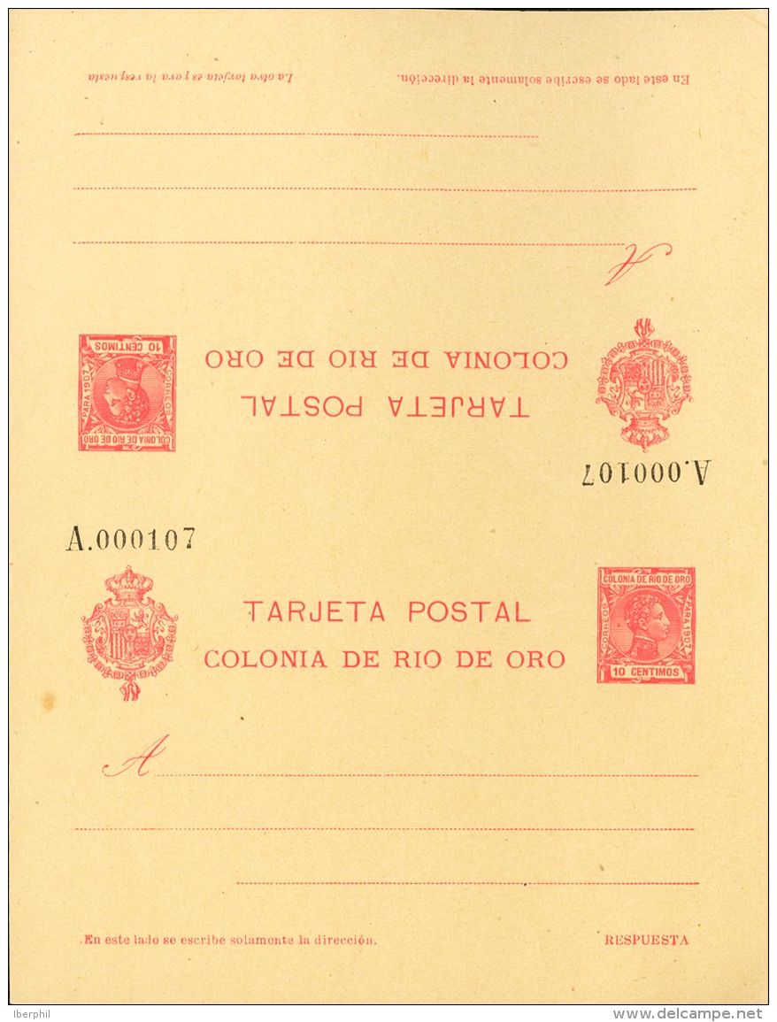 (*) EP4 1907. Rio De Oro. Entero Postal. 10 Cts + 10 Cts Rosa Sobre Tarjeta Entero Postal De Ida Y Vuelta. MAGNIFICA Y R - Rio De Oro