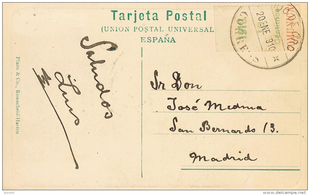 Sobre 56MP 1910. Rio De Oro. 10 Cts Verde Sobre Borde De Hoja. Tarjeta Postal De RIO DE ORO A MADRID. Matasello RIO DE O - Rio De Oro