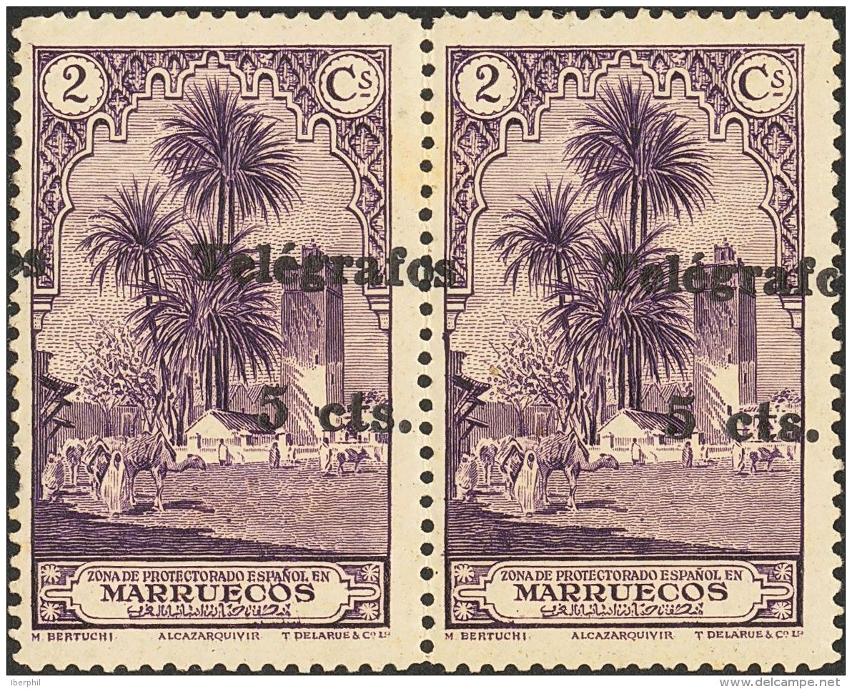 * 35(2) 1936. Marruecos. Tel&eacute;grafos. 5 Cts Sobre 2 Cts Violeta, Pareja. SOBRECARGA DESPLAZADA. MAGNIFICA Y RARA. - Maroc Espagnol