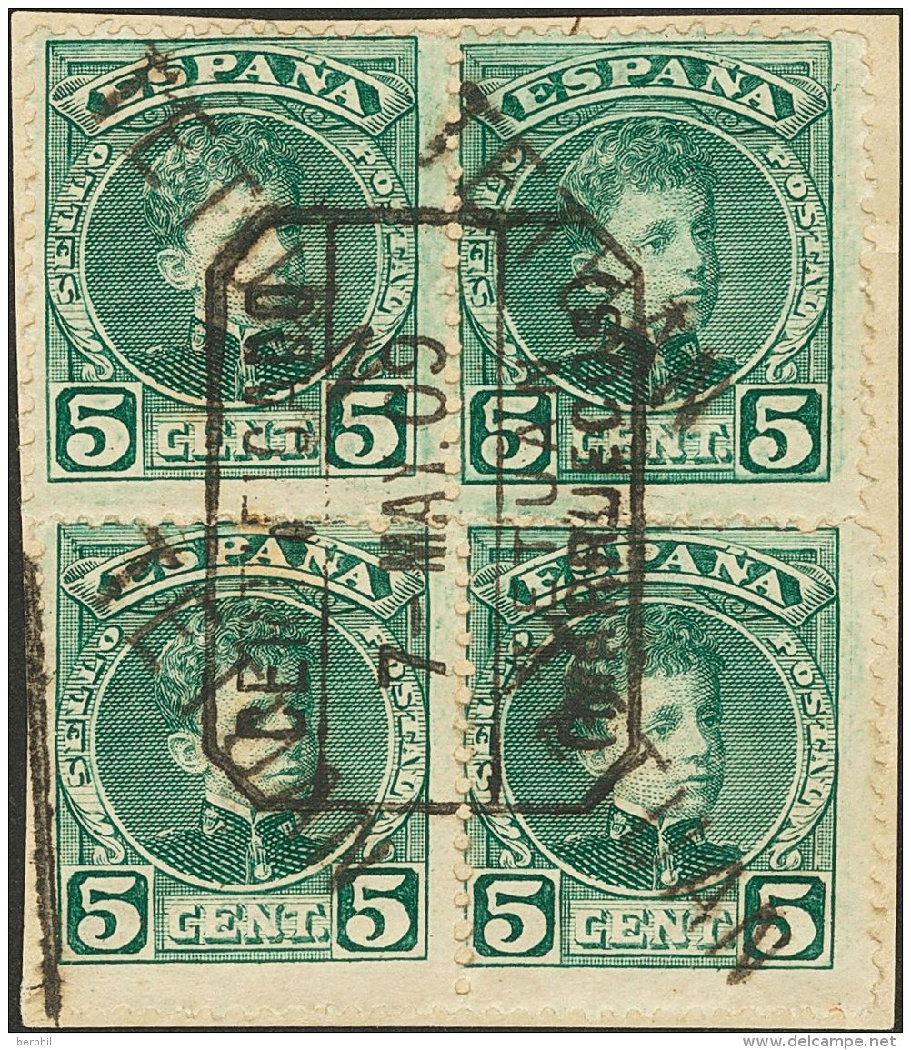 Fragmento 16hx(4) 1908. Marruecos. 5 Cts Verde, Bloque De Cuatro, Sobre Fragmento. SOBRECARGA DE ARRIBA A ABAJO. MAGNIFI - Maroc Espagnol