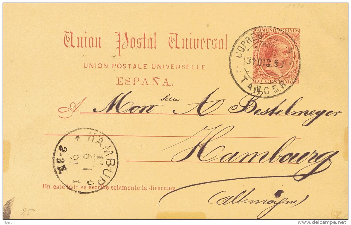 Sobre EP21 1891. Marruecos. 10 Cts Carm&iacute;n Sobre Tarjeta Entero Postal De TANGER A HAMBURGO (ALEMANIA). Matasello - Spaans-Marokko