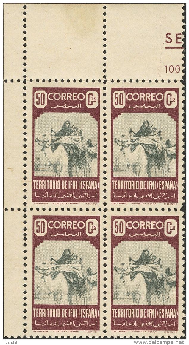 ** 36(4) 1947. Ifni. 50 Cts Casta&ntilde;o Violeta, Bloque De Cuatro, Esquina De Pliego. MAGNIFICO. (Edifil 2017: 86&eur - Ifni