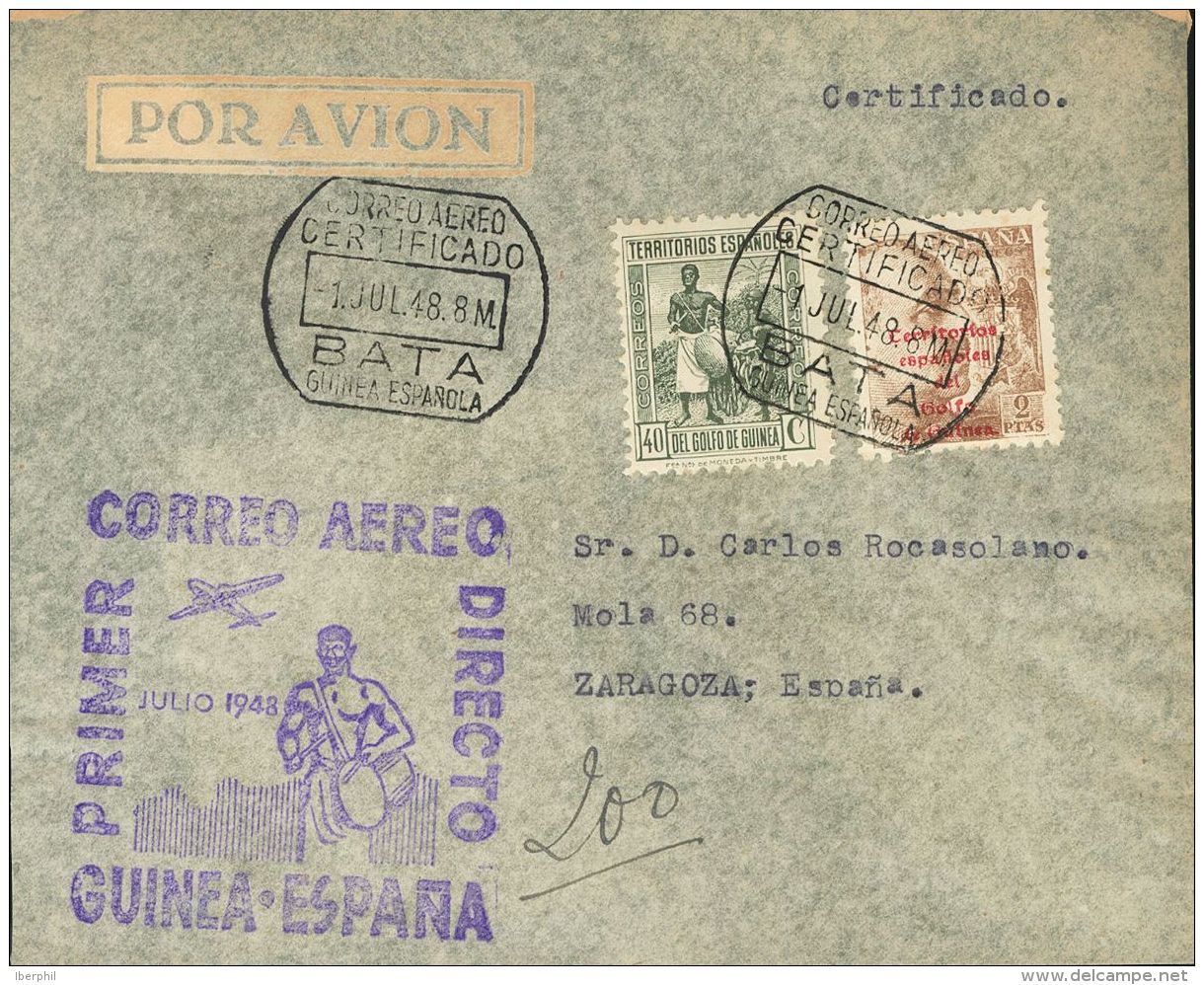 Sobre 266, 271 1948. Guinea. 40 Cts Gris Verde Y 2 Pts Casta&ntilde;o. Certificado A&eacute;reo De BATA A ZARAGOZA. En E - Guinée Espagnole